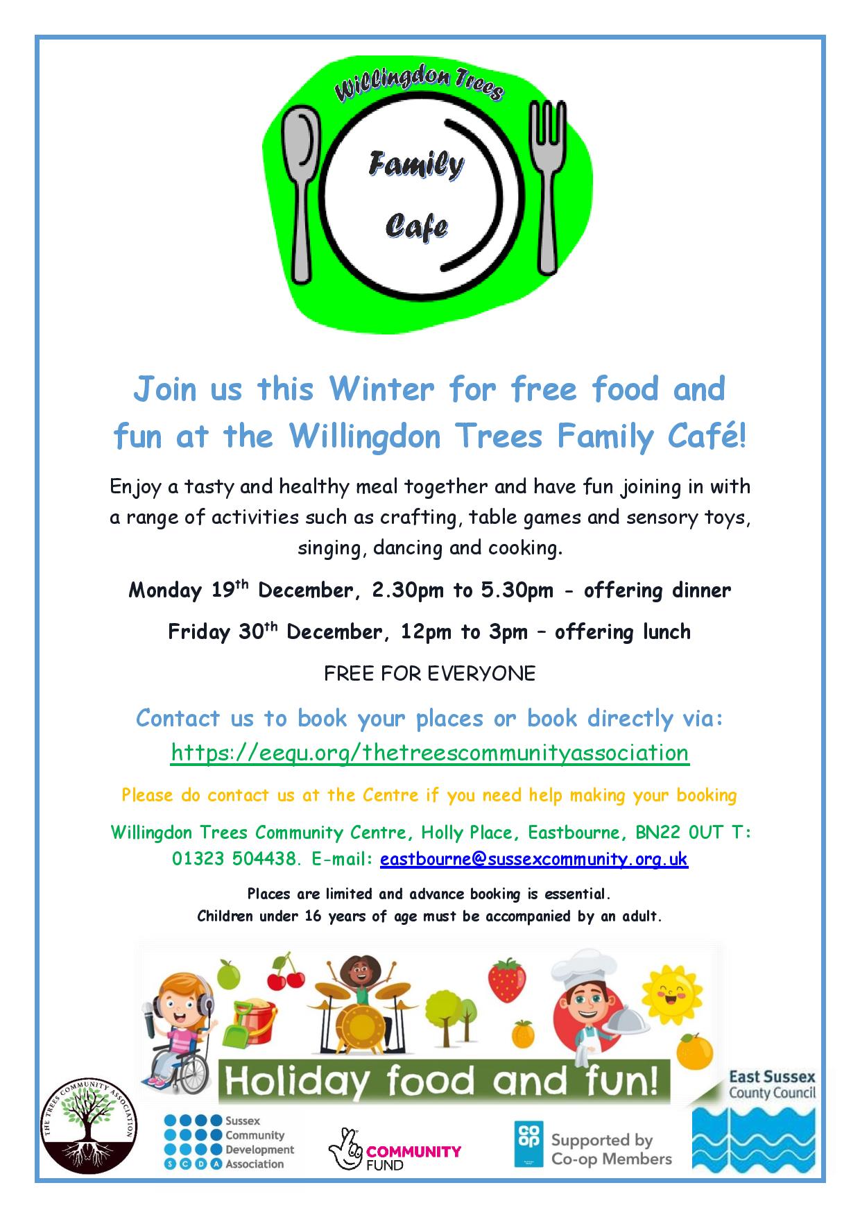 Family cafe poster for December sessions at Willingdon Trees community centre