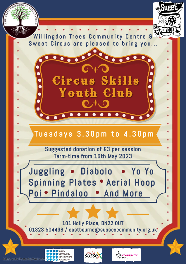circus style poster with details for the youth club