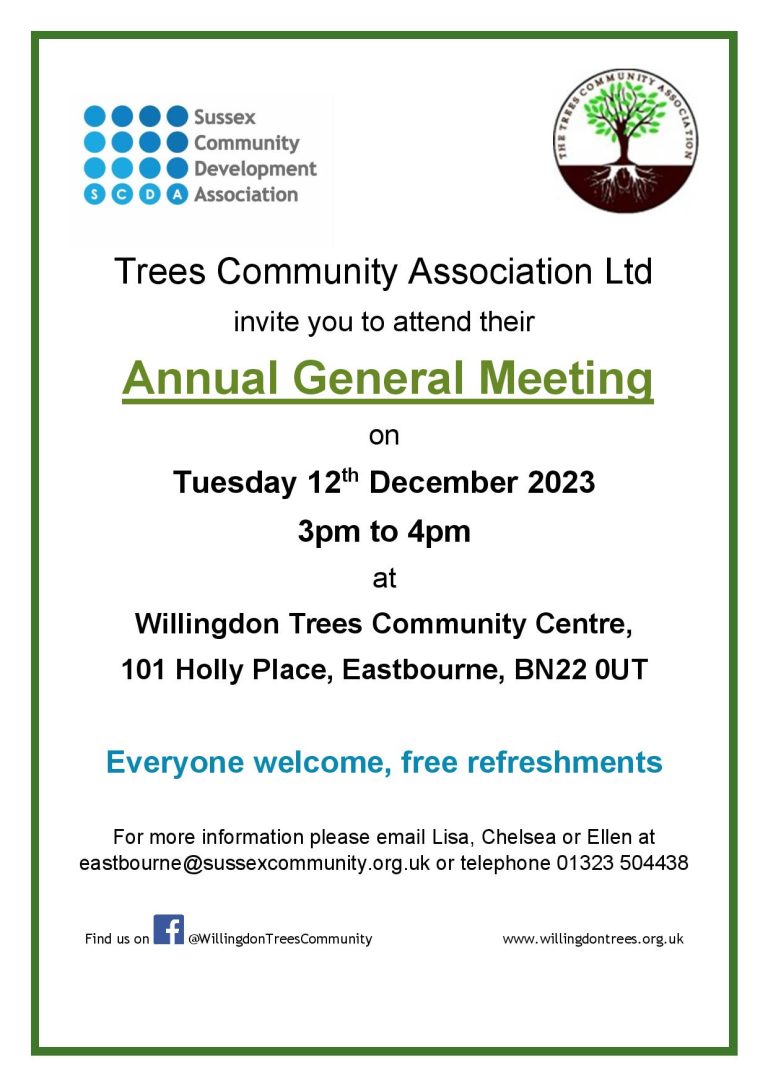 Poster for AGM, at willing Trees community centre, 12th December 3pm to 4pm